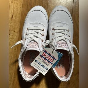 BOBS from Skechers White Canvas Shoes with Pink Accents